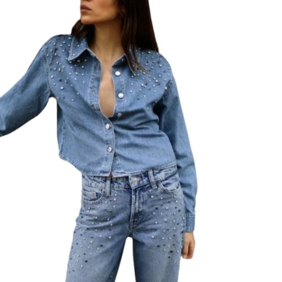 Zara Cropped Denim Shirt Rhinestones Bling Jewels Button Front 100% Cotton Sz M - Picture 7 of 11